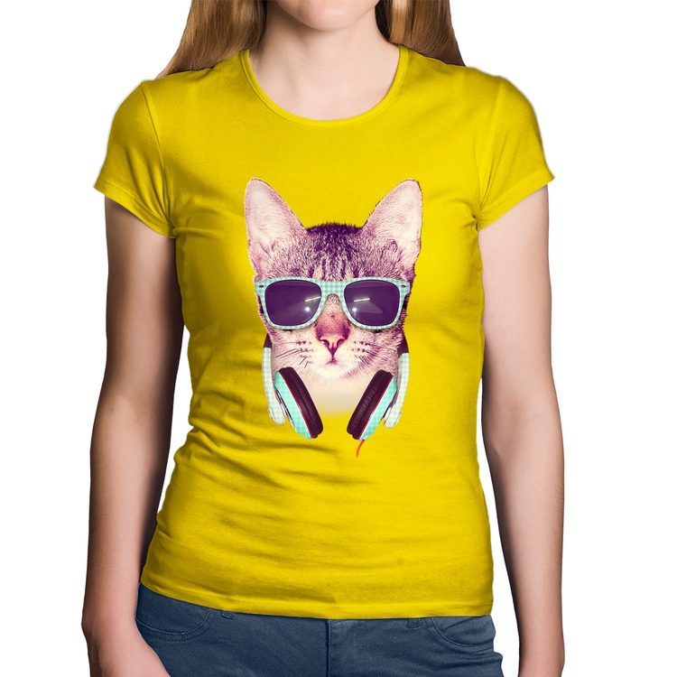 Baby Look Algodão Gato Headphone - Amarela