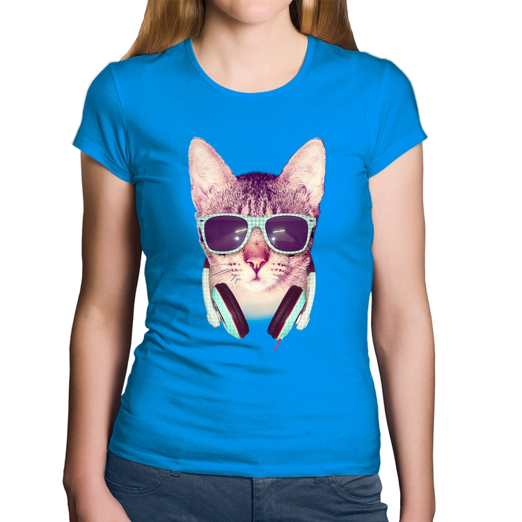 Baby Look Algodão Gato Headphone - Azul