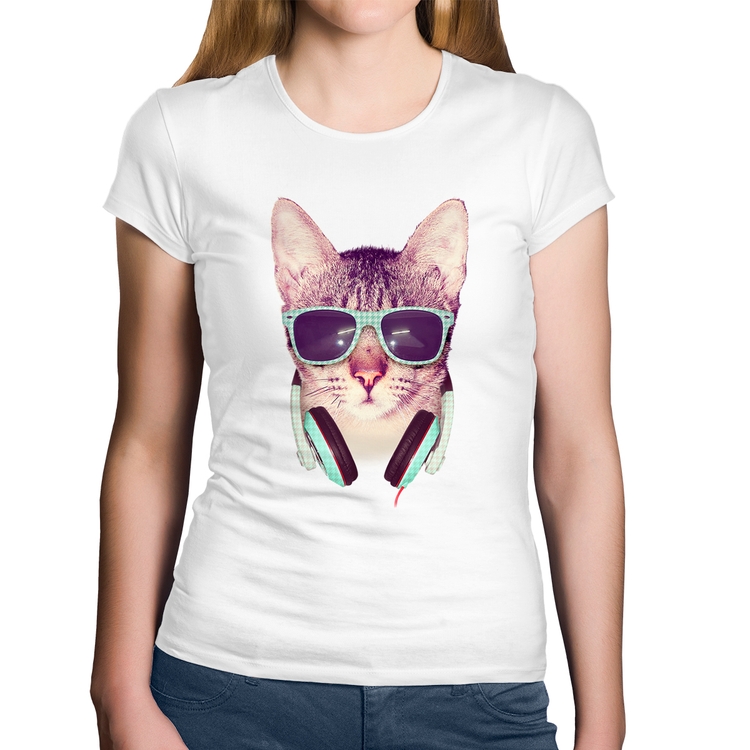 Baby Look Algodão Gato Headphone - Branca