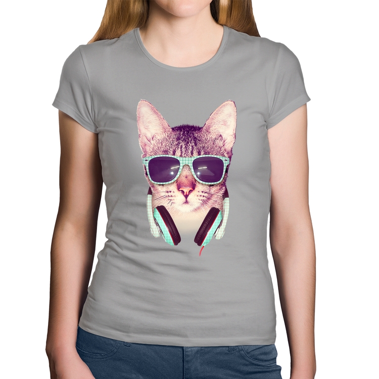 Baby Look Algodão Gato Headphone - Cinza