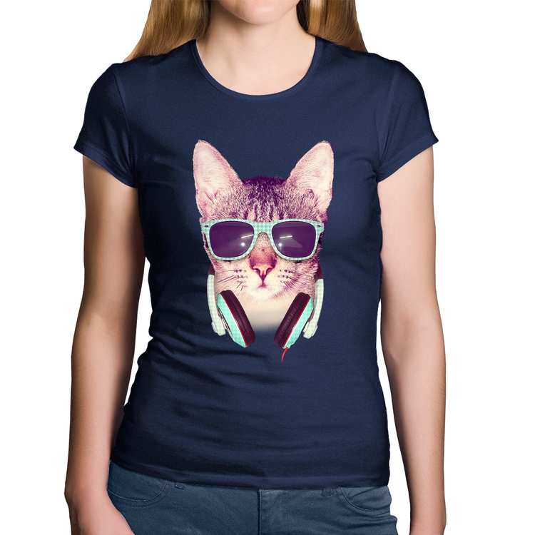 Baby Look Algodão Gato Headphone - Marinho