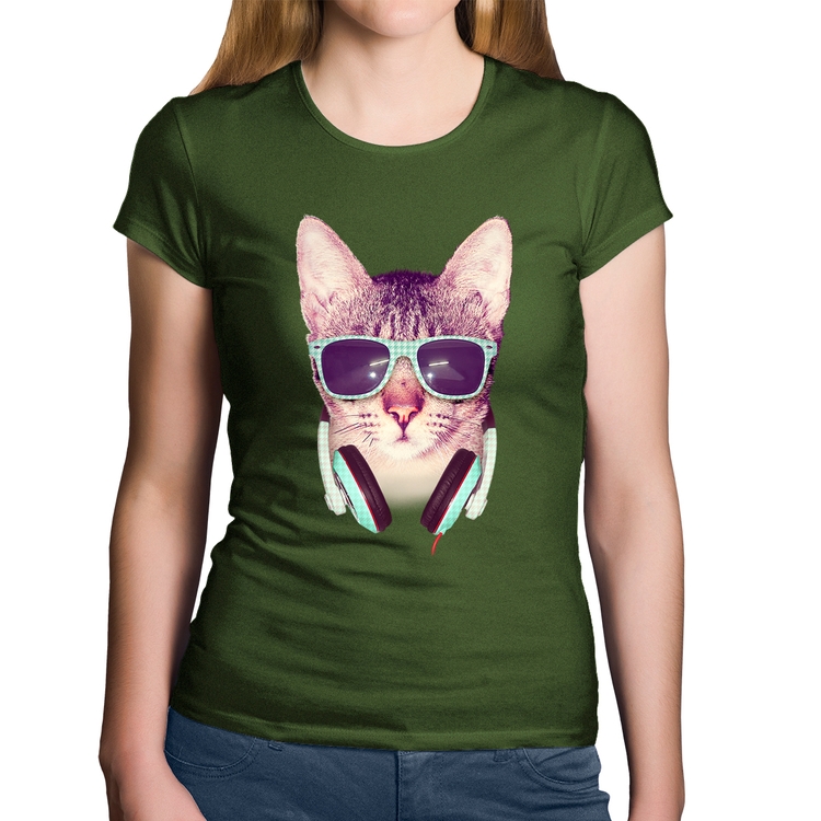 Baby Look Algodão Gato Headphone - Musgo