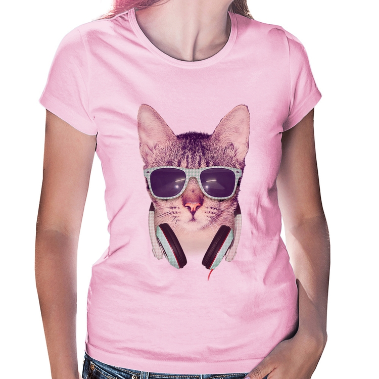 Baby Look Gato Headphone - Rosa Bebê