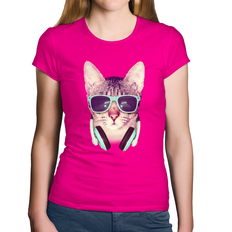 Baby Look Algodão Gato Headphone - Rosa