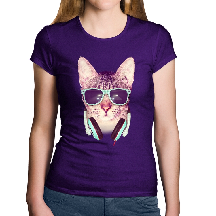 Baby Look Algodão Gato Headphone - Roxa