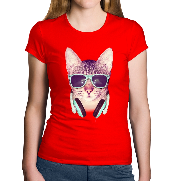 Baby Look Algodão Gato Headphone - Vermelha