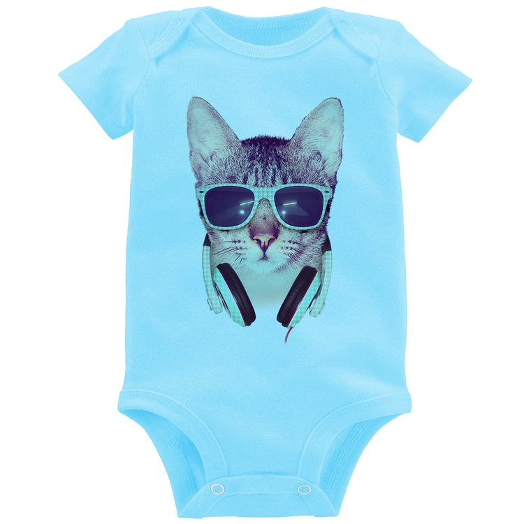 Body Bebê Gato Headphone - Azul Bebê