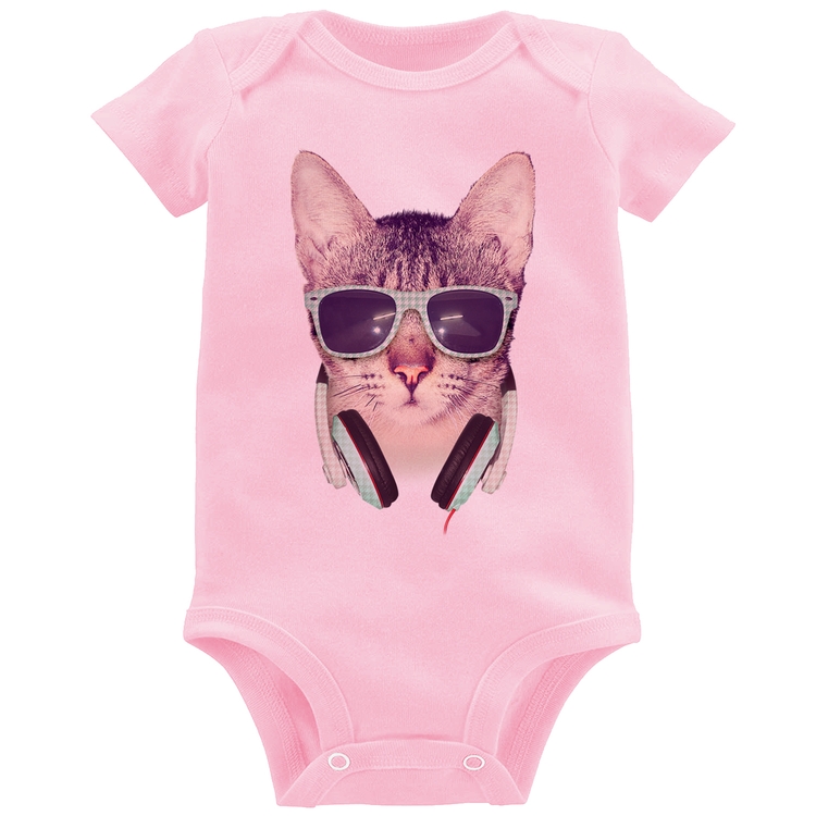 Body Bebê Gato Headphone - Rosa Bebê