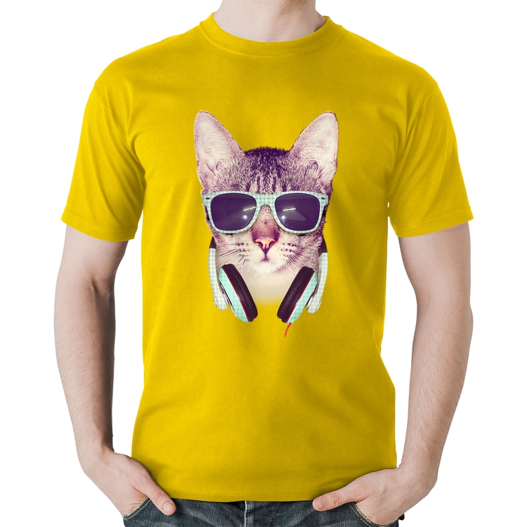 Camiseta Algodão Gato Headphone - Amarela