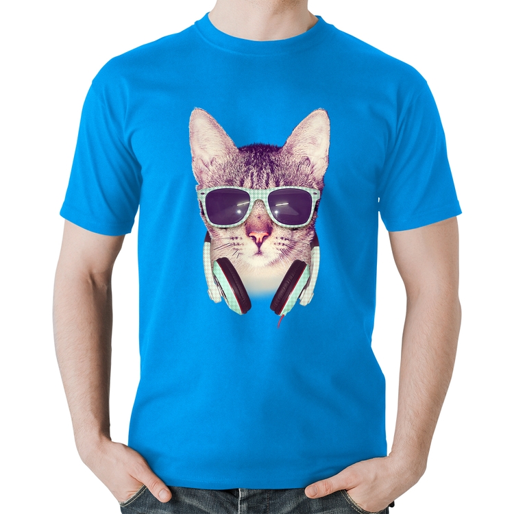 Camiseta Algodão Gato Headphone - Azul