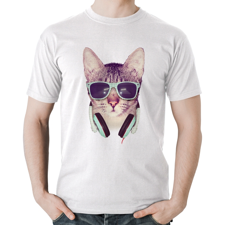 Camiseta Algodão Gato Headphone - Branca