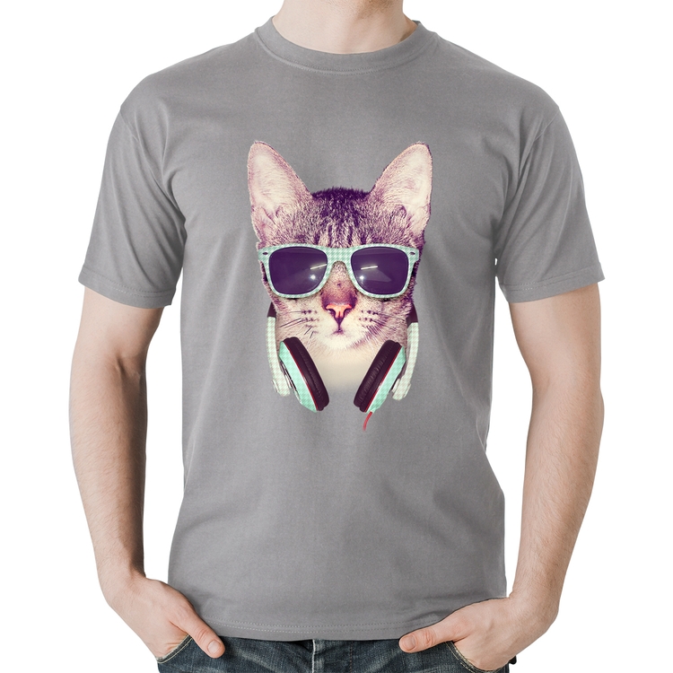 Camiseta Algodão Gato Headphone - Cinza