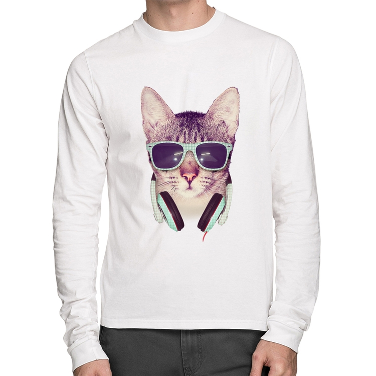 Camiseta Algodão Gato Headphone Manga Longa - Branca
