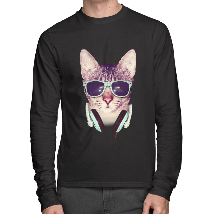 Camiseta Algodão Gato Headphone Manga Longa