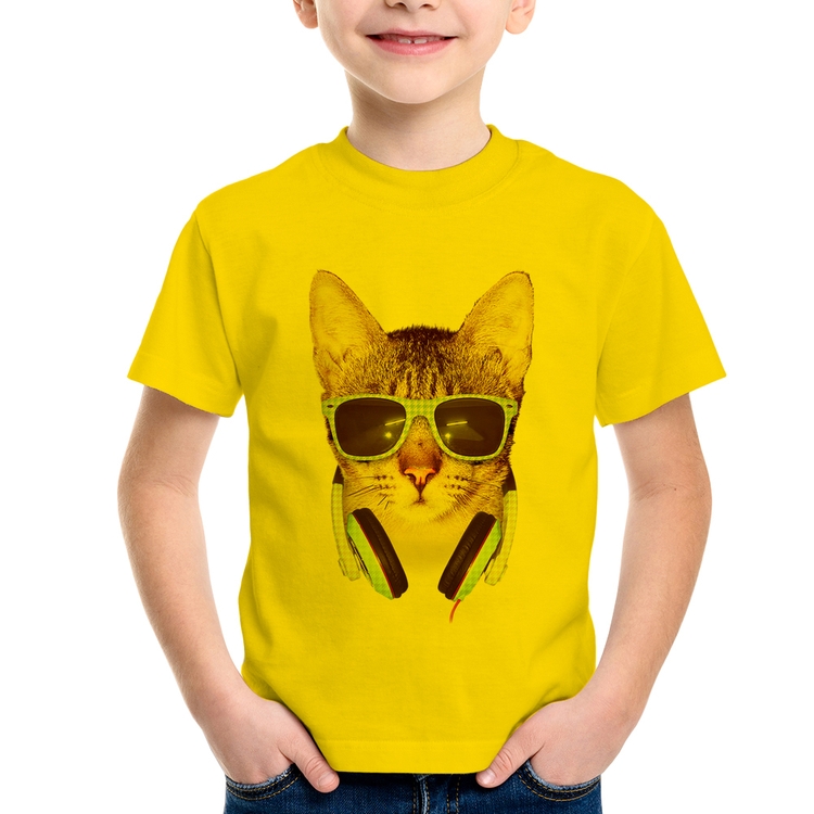 Camiseta Infantil Gato Headphone - Amarela