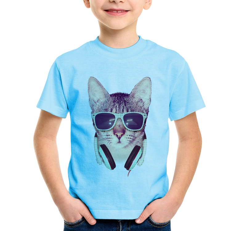 Camiseta Infantil Gato Headphone - Azul Bebê