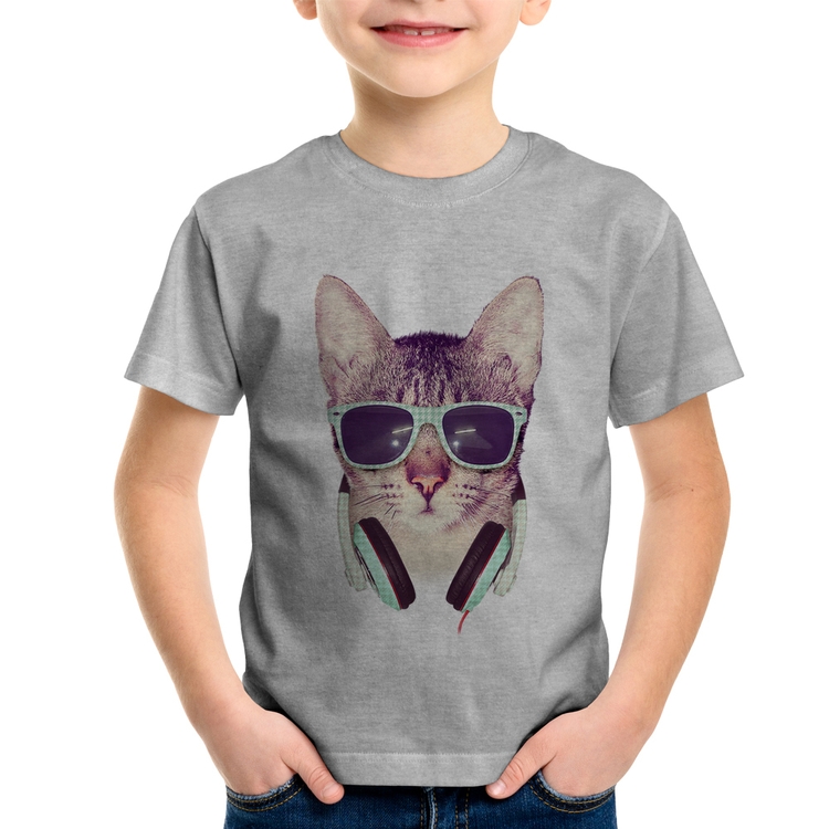 Camiseta Infantil Gato Headphone - Cinza