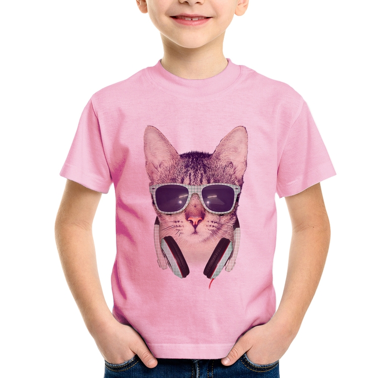 Camiseta Infantil Gato Headphone - Rosa Bebê