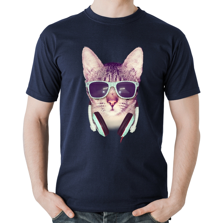 Camiseta Algodão Gato Headphone - Marinho