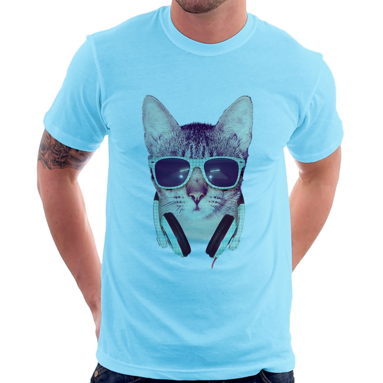 Camiseta Gato Headphone - Azul Bebê