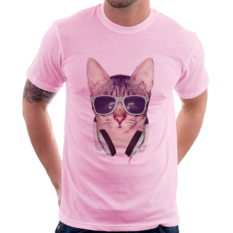 Camiseta Gato Headphone - Rosa Bebê