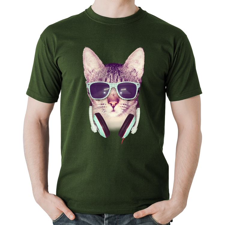 Camiseta Algodão Gato Headphone - Musgo