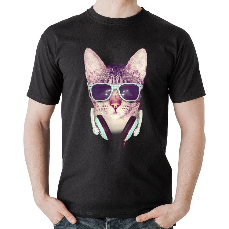 Camiseta Algodão Gato Headphone