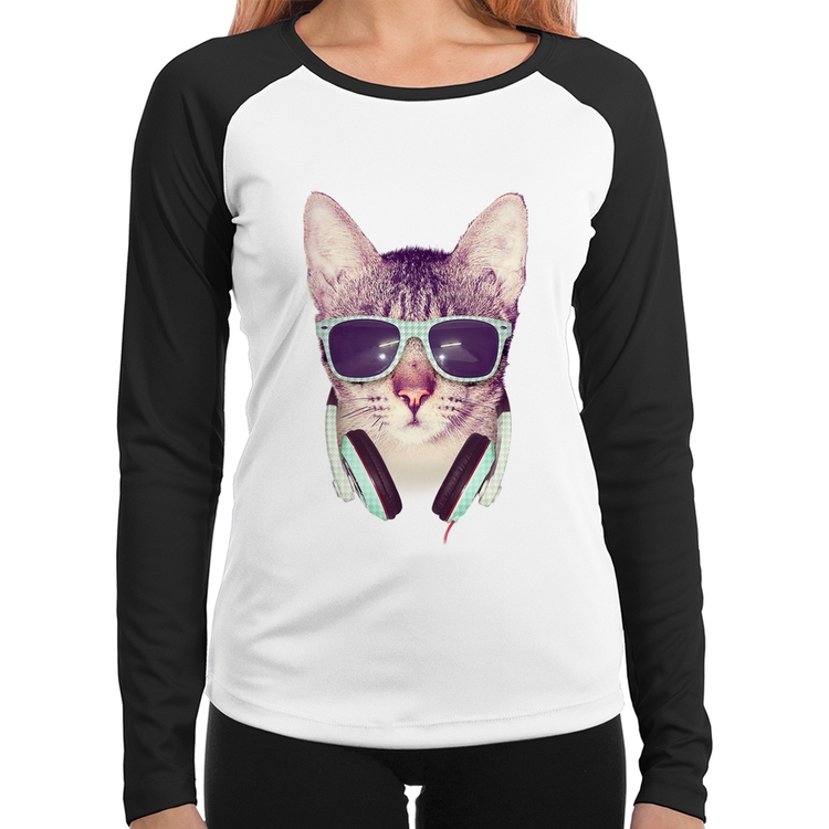 Baby Look Raglan Gato Headphone Manga Longa