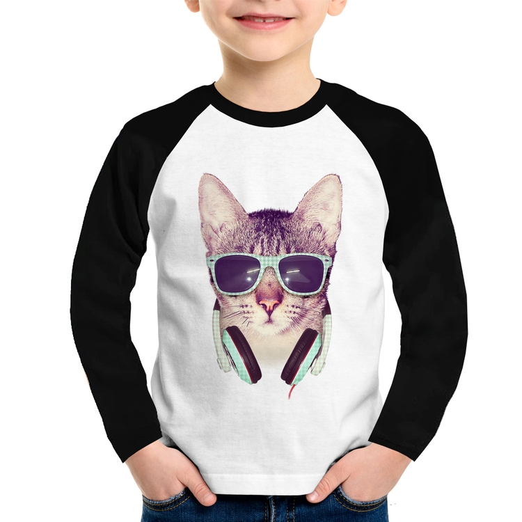 Camiseta Raglan Infantil Gato Headphone Manga Longa