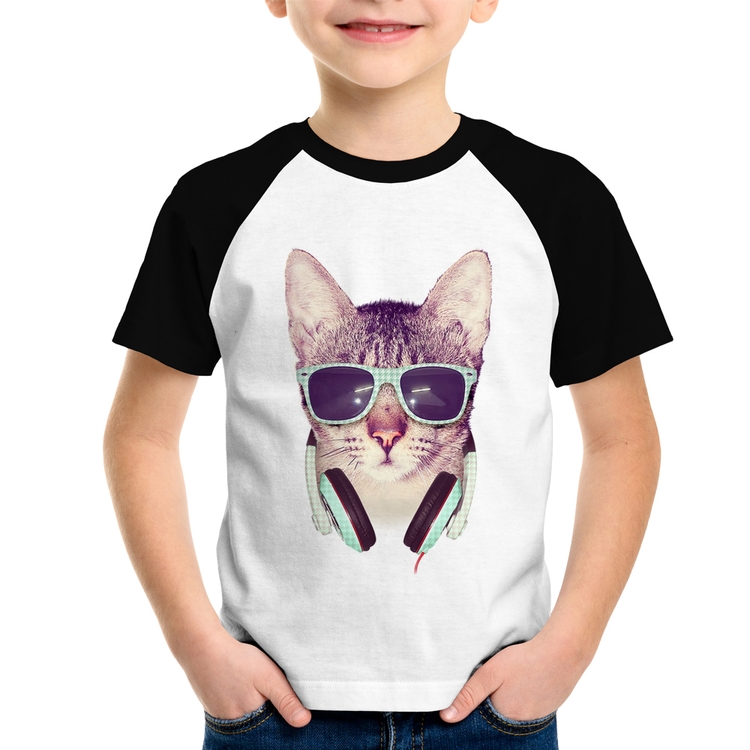 Camiseta Raglan Infantil Gato Headphone