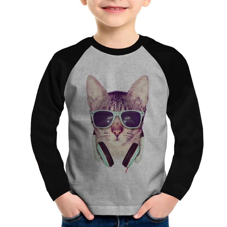 Camiseta Raglan Infantil Gato Headphone Manga Longa - Cinza/Preto