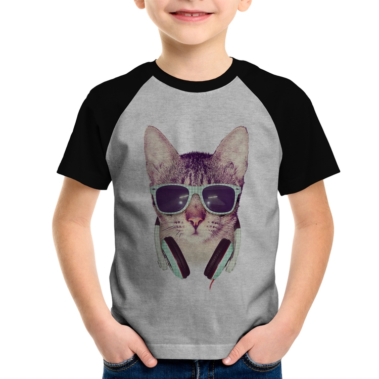 Camiseta Raglan Infantil Gato Headphone - Cinza/Preto