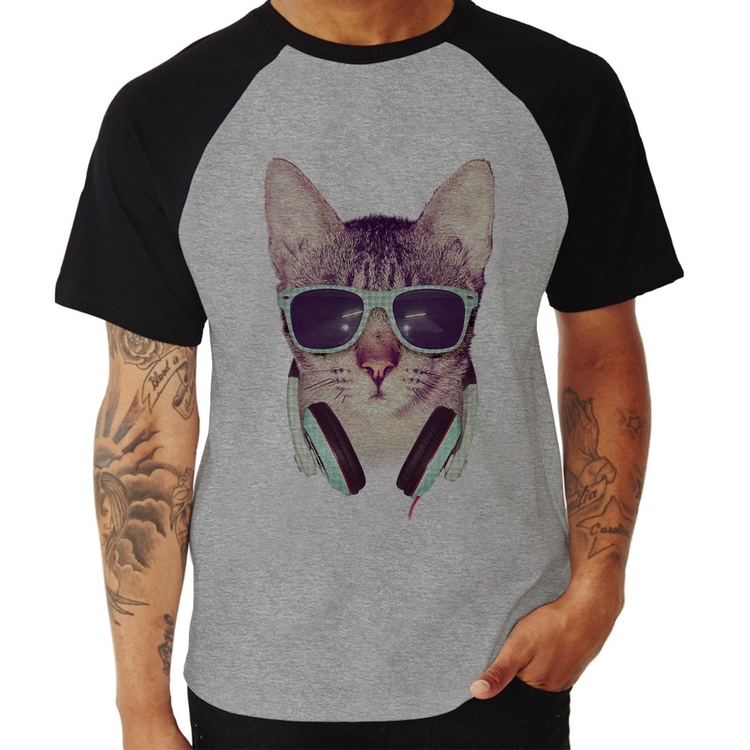 Camiseta Raglan Gato Headphone - Cinza/Preto