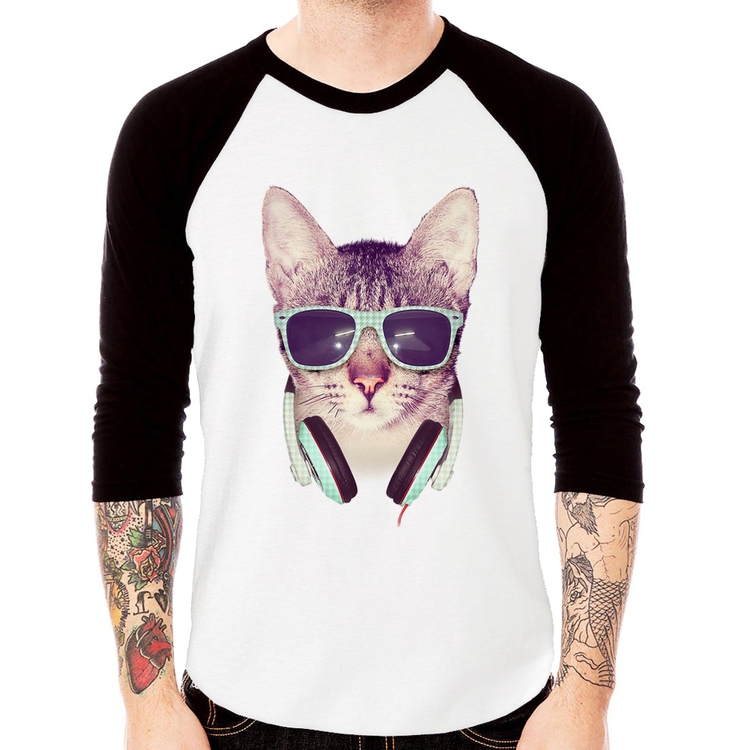 Camiseta Raglan Gato Headphone Manga 3/4