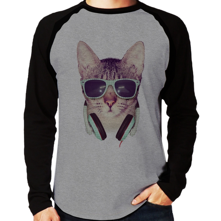 Camiseta Raglan Gato Headphone Manga Longa - Cinza/Preto