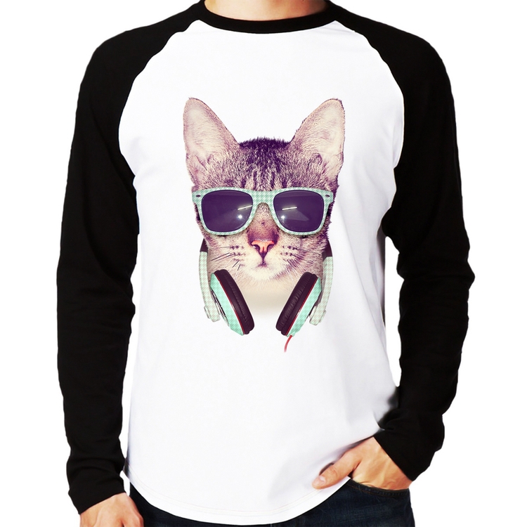 Camiseta Raglan Gato Headphone Manga Longa