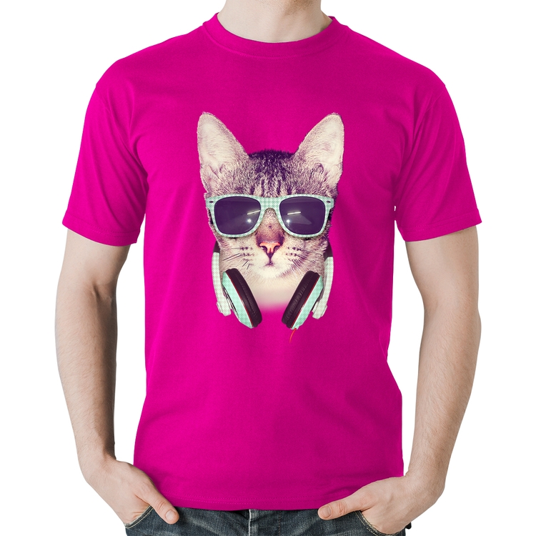 Camiseta Algodão Gato Headphone - Rosa