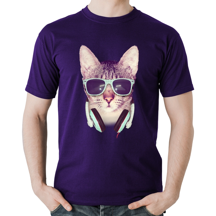Camiseta Algodão Gato Headphone - Roxa