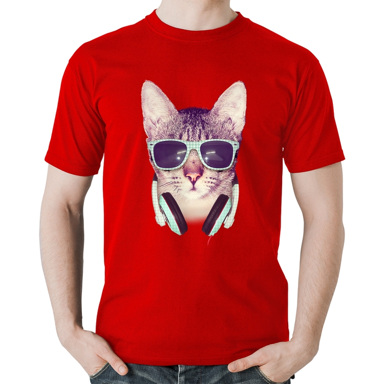 Camiseta Algodão Gato Headphone - Vermelha
