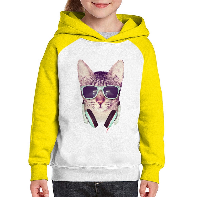 Moletom Infantil Gato Headphone - Branco/Amarelo