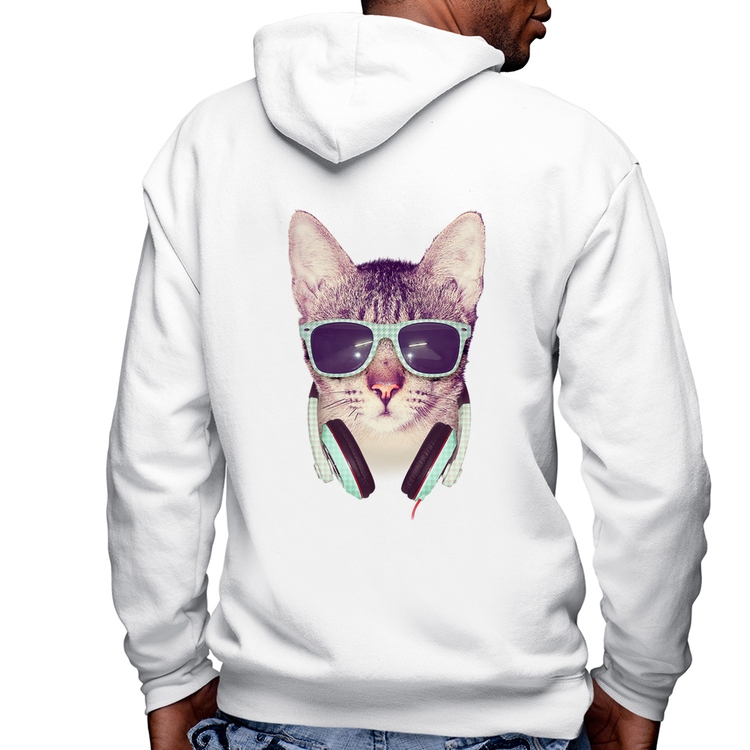 Blusa Moletom Gato Headphone Masculina com Capuz e Zíper - Branca