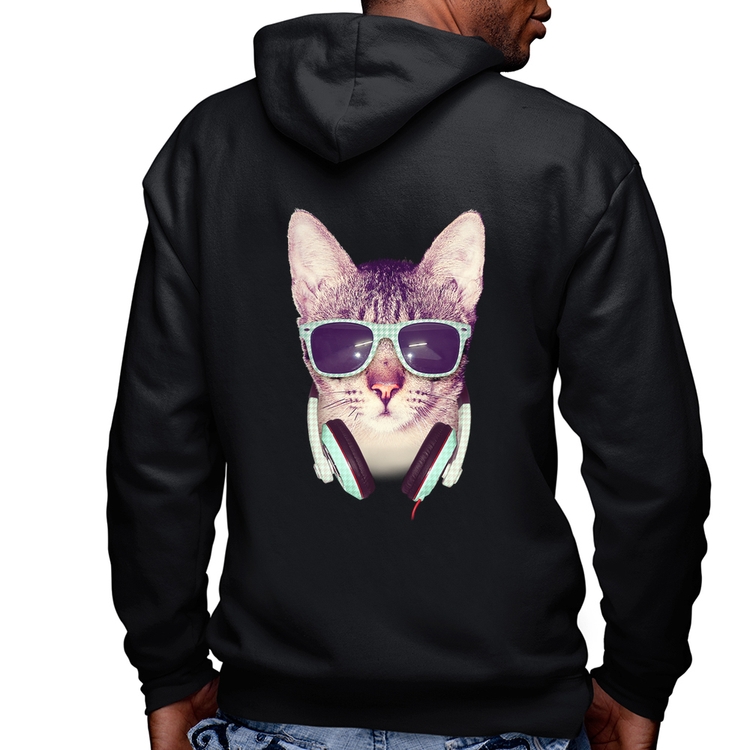 Blusa Moletom Gato Headphone Masculina com Capuz e Zíper