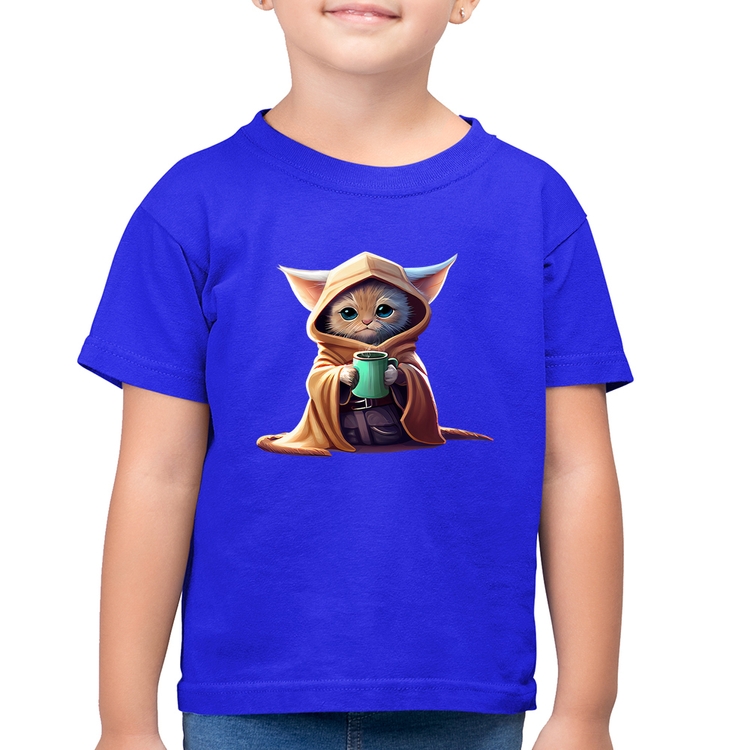 Camiseta Algodão Infantil Gato Jedi - Azul Royal