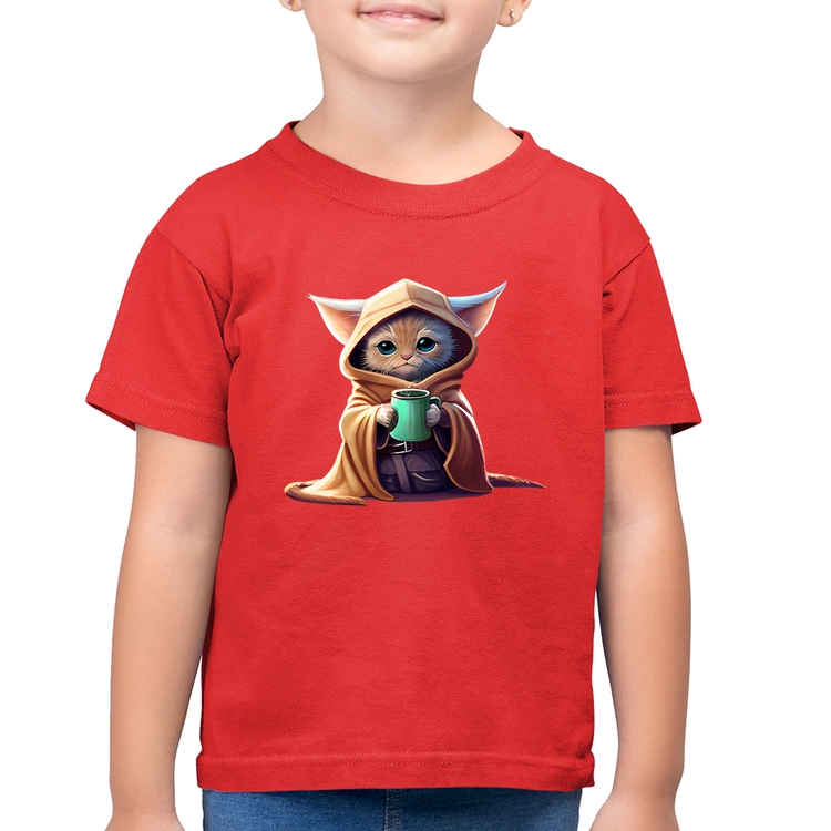 Camiseta Algodão Infantil Gato Jedi - Vermelha
