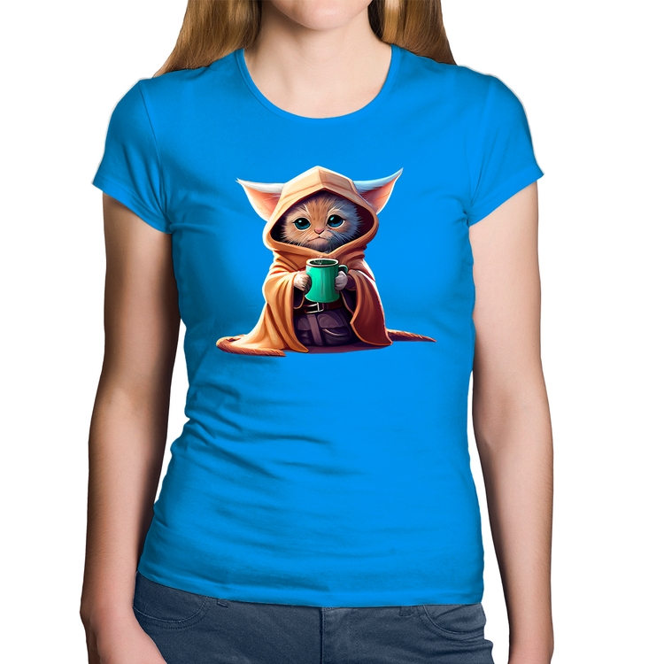 Baby Look Algodão Gato Jedi - Azul