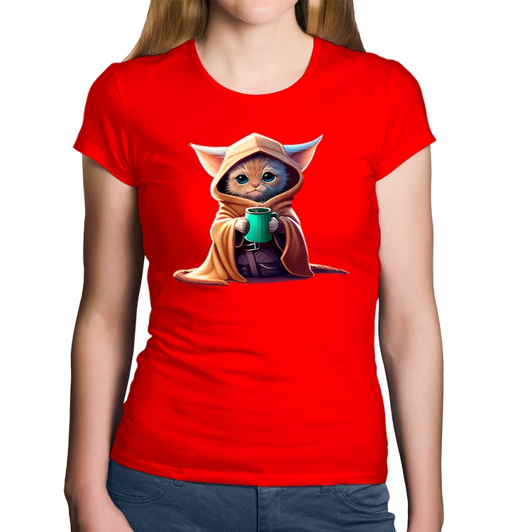 Baby Look Algodão Gato Jedi - Vermelha