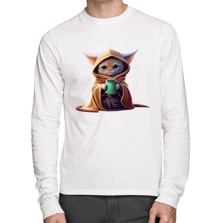 Camiseta Algodão Gato Jedi Manga Longa - Branca