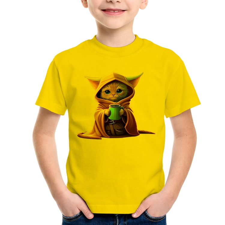 Camiseta Infantil Gato Jedi - Amarela