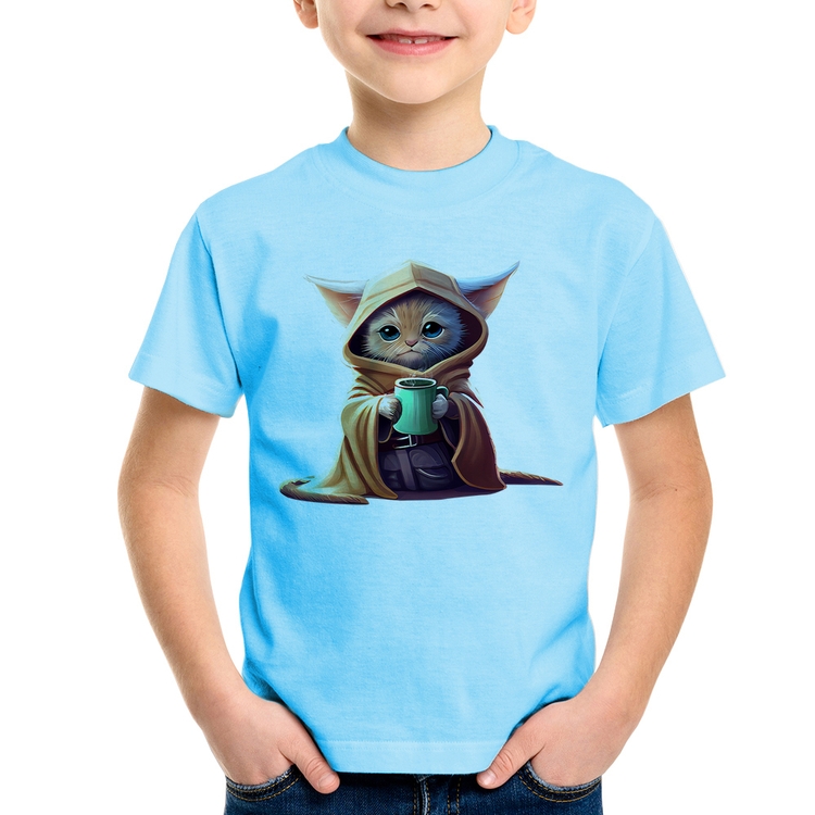 Camiseta Infantil Gato Jedi - Azul Bebê