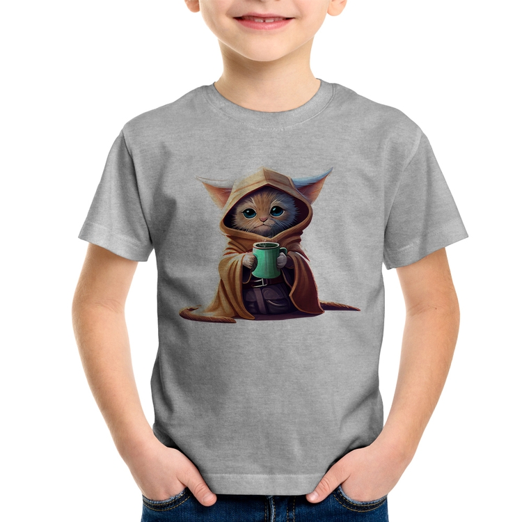Camiseta Infantil Gato Jedi - Cinza